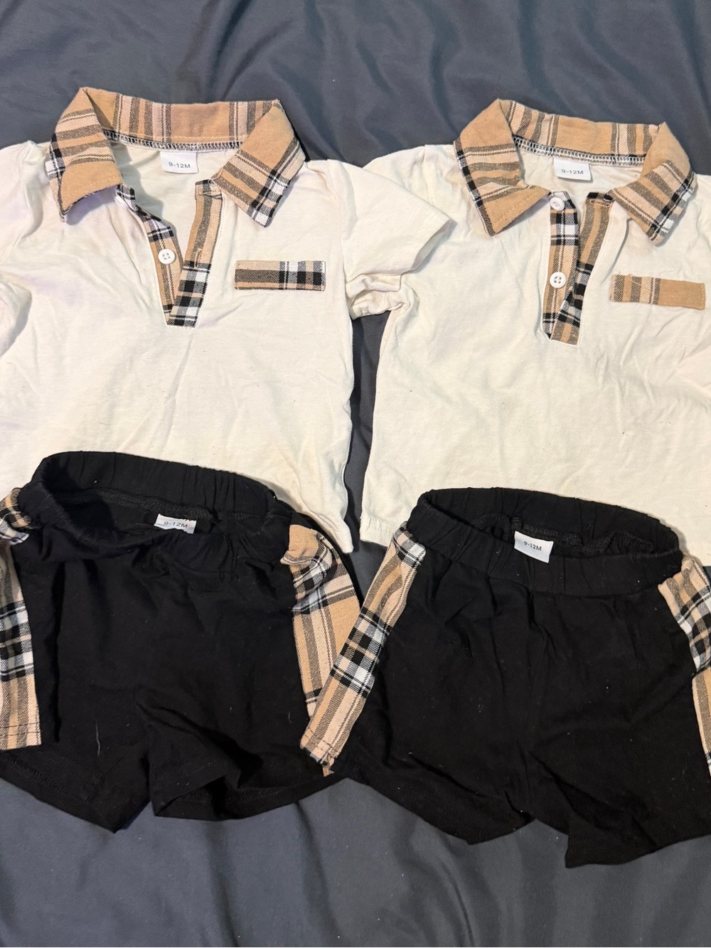 2 outfits Amazon Kids Polo & Shorts Matching Set in Cream, Black and Tan Plaid